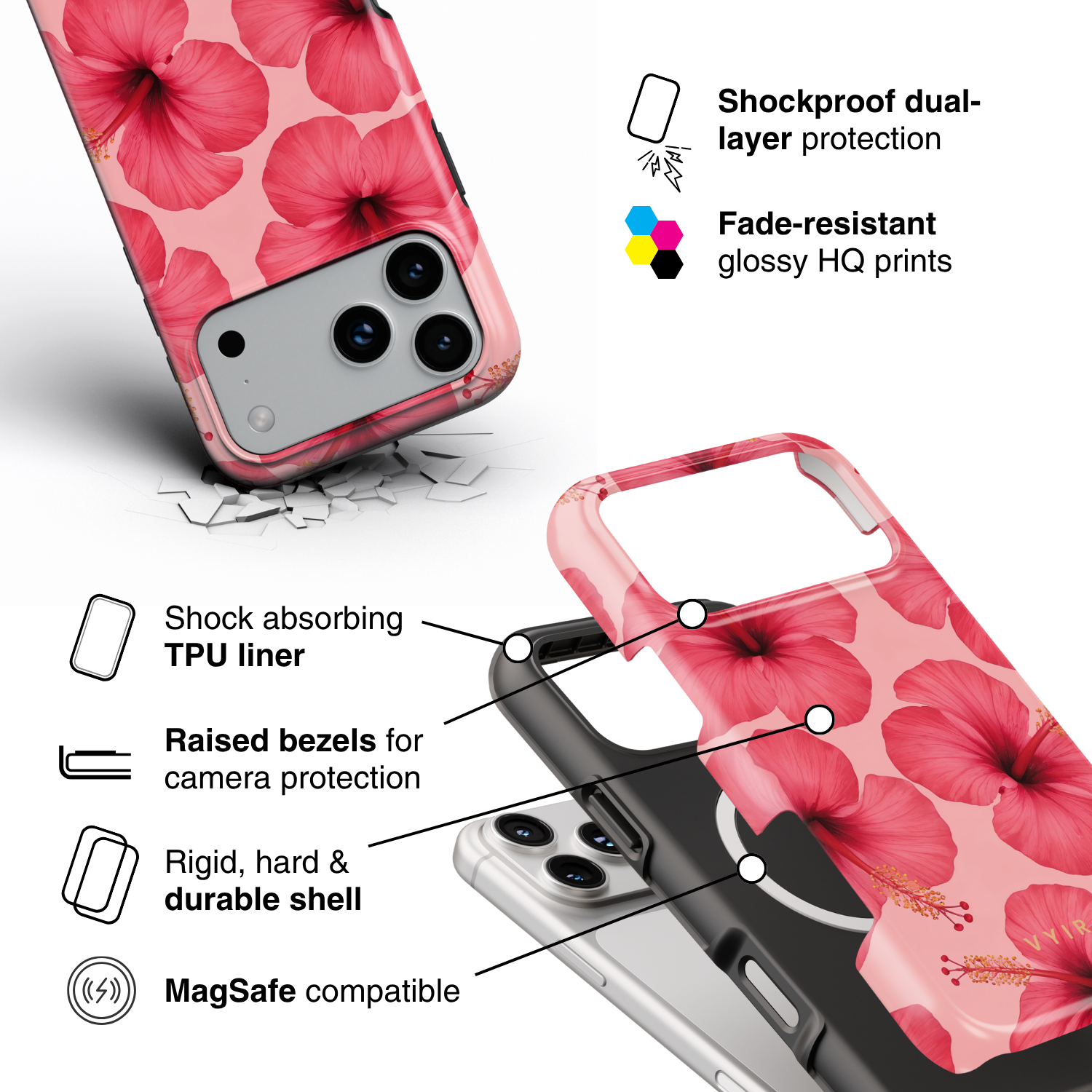 Pink Hibiscus Glow - Shockproof MagSafe iPhone Case - VYIR