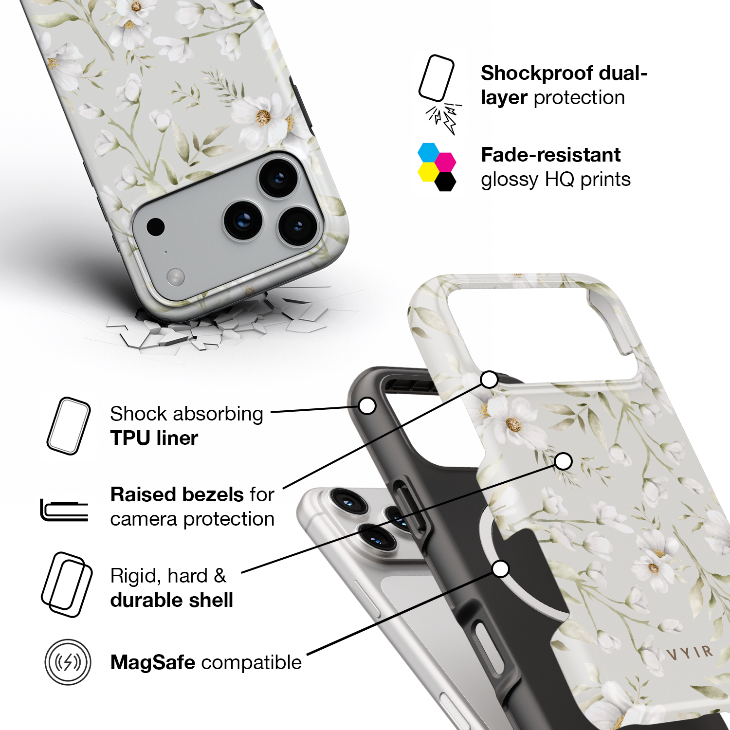 White Blossom Drift - Shockproof MagSafe iPhone Case - VYIR
