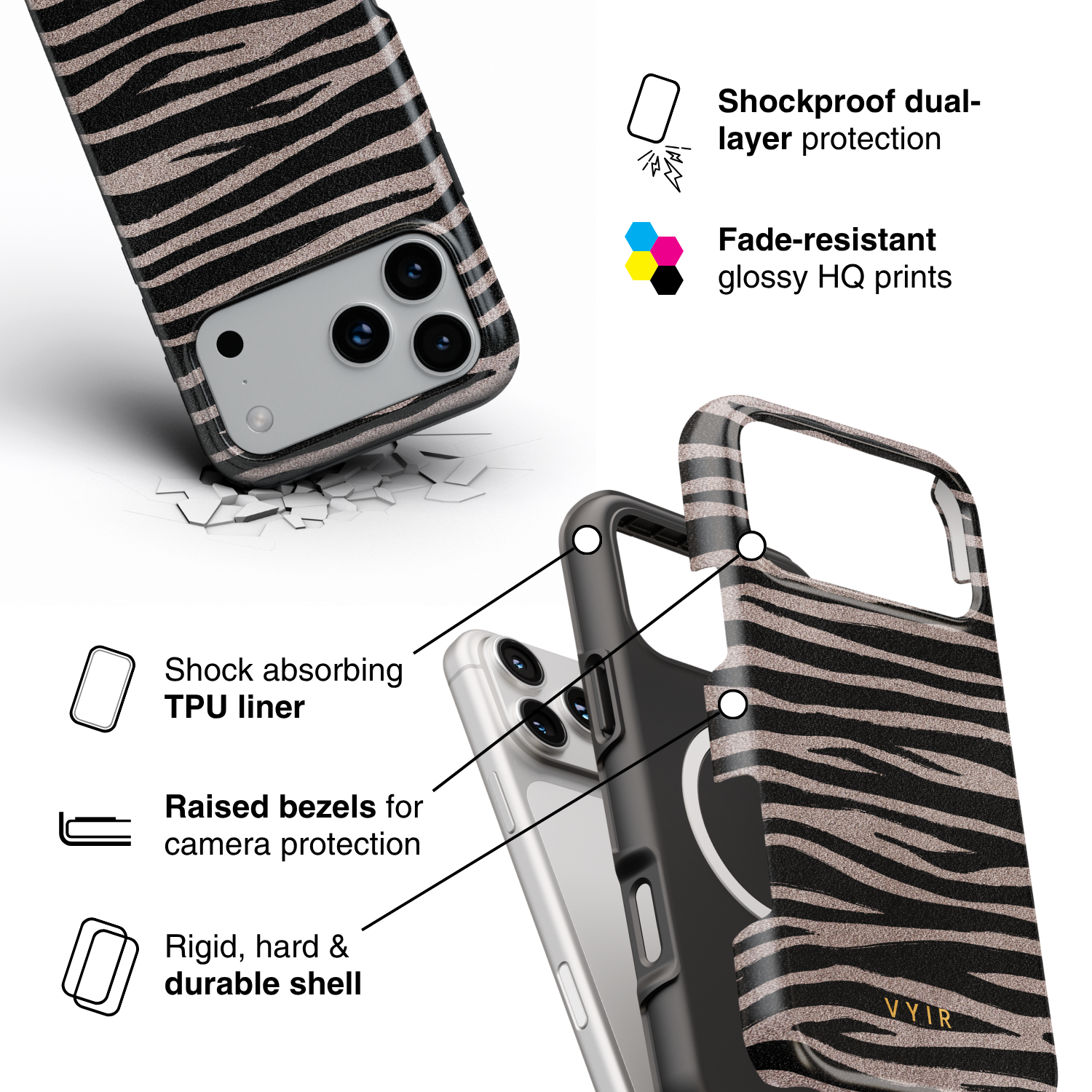 Zebra Gleam Mocha - Shockproof MagSafe iPhone Case - VYIR