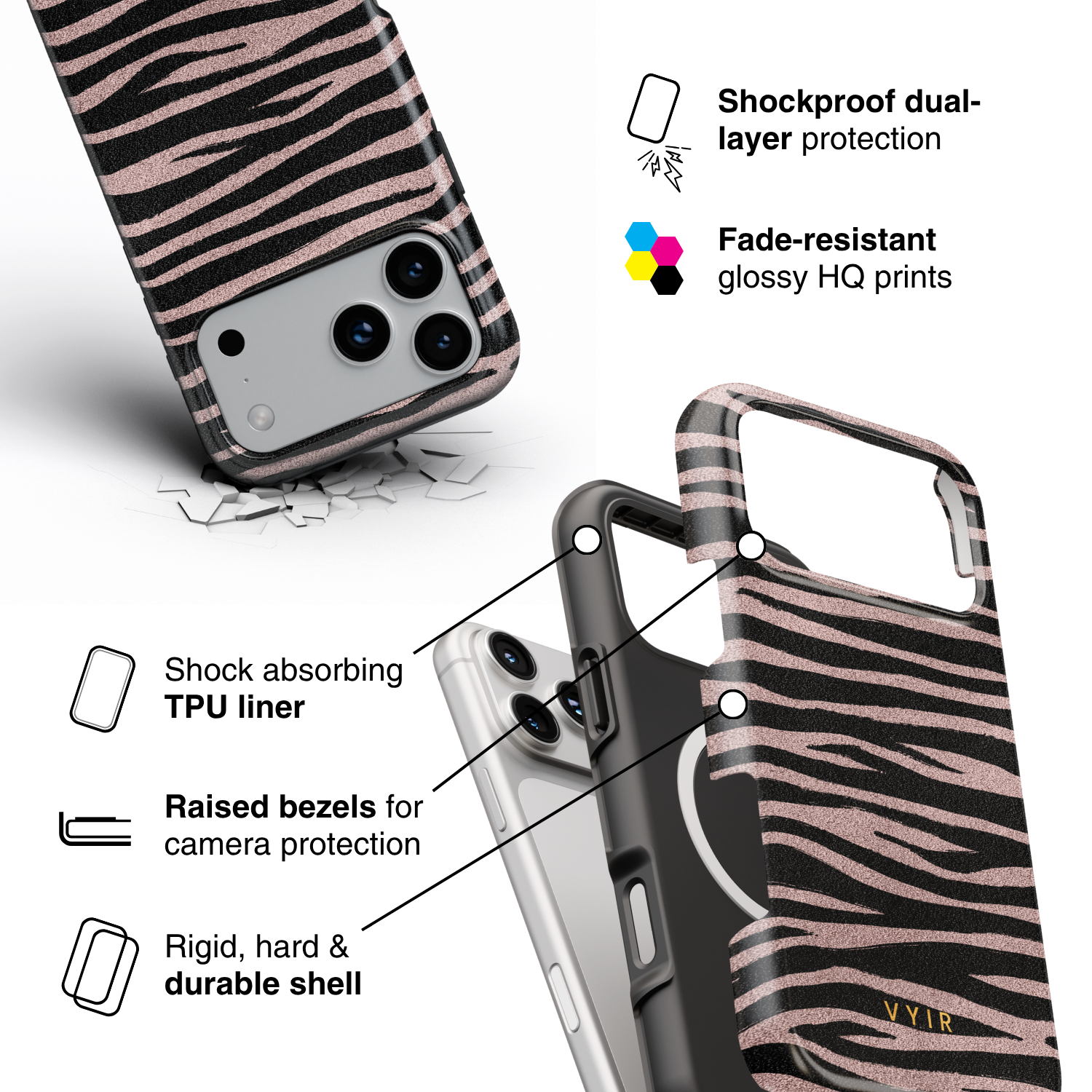 Zebra Gleam Rose Gold - Shockproof MagSafe iPhone Case - VYIR