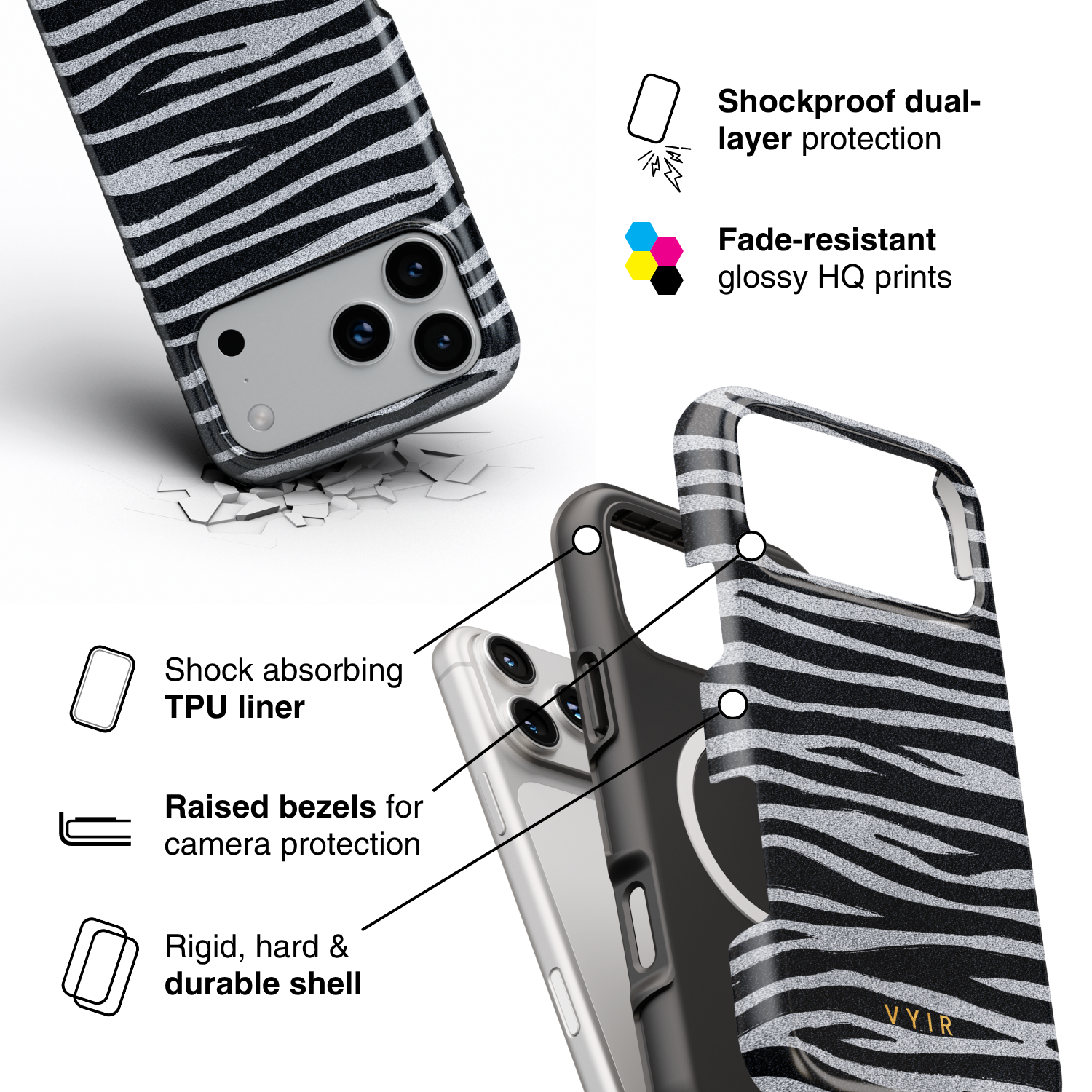 Zebra Gleam Silver - Shockproof MagSafe iPhone Case - VYIR