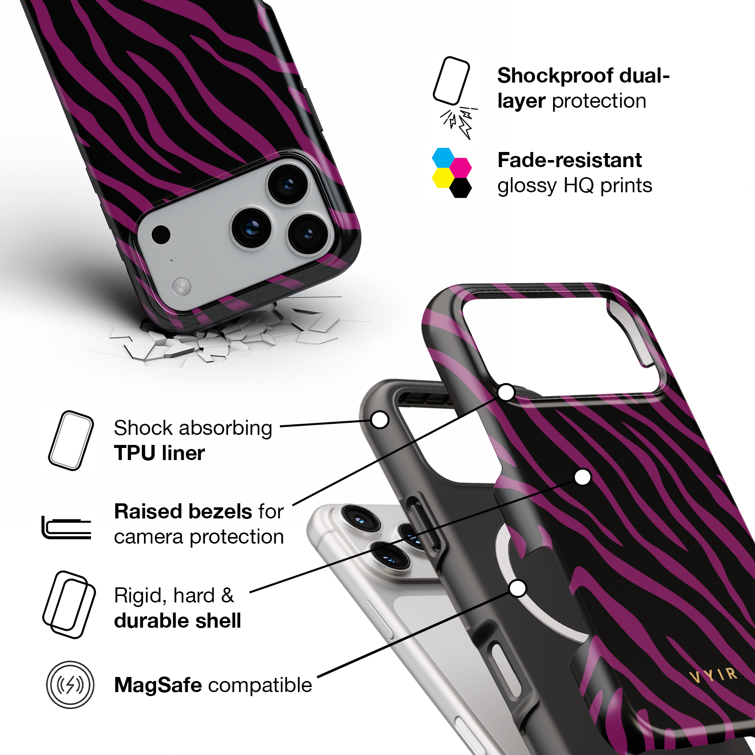 Zebra Luxe, Burgundy - Shockproof MagSafe iPhone Case - VYIR