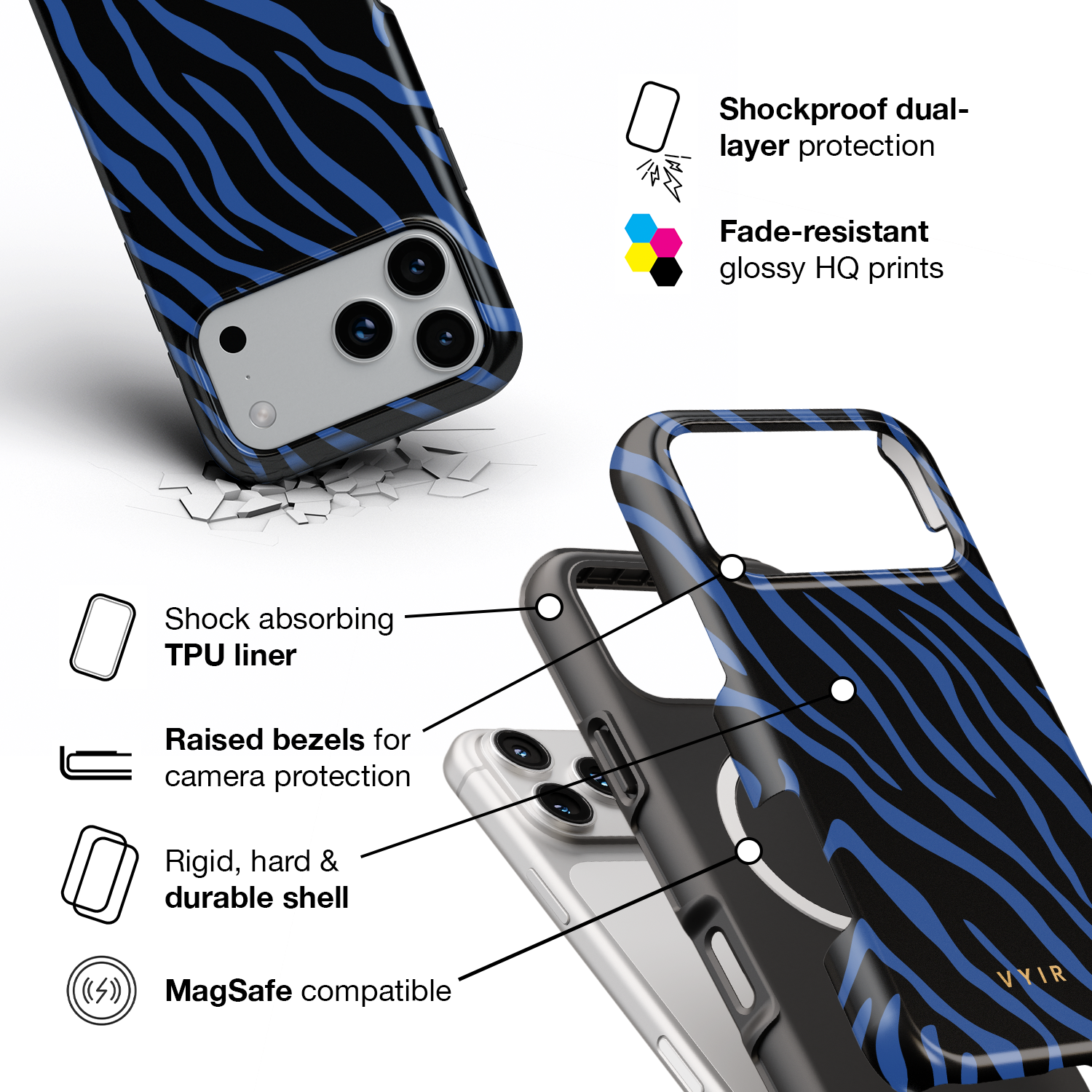 Zebra Luxe, Indigo Blue - Shockproof MagSafe iPhone Case - VYIR