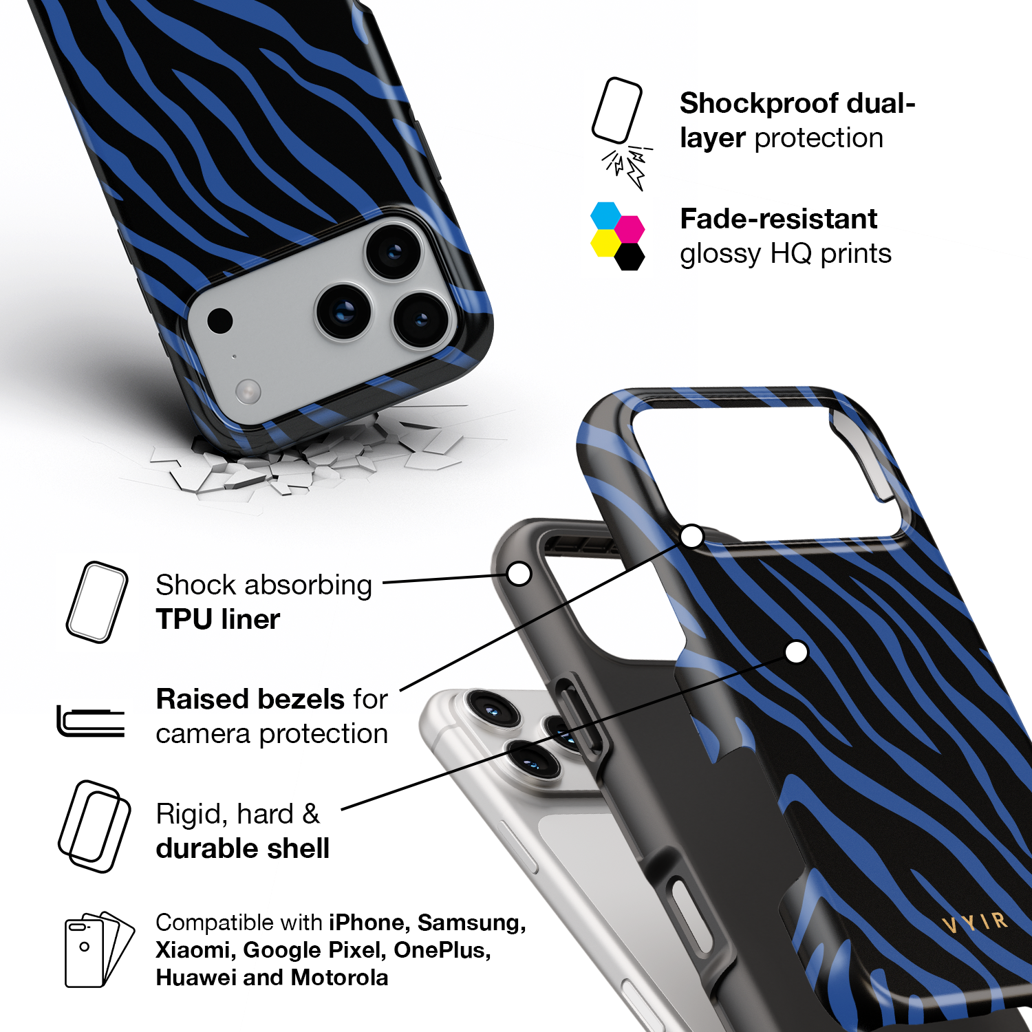 Zebra Luxe, Indigo Blue - Shockproof Phone Case - VYIR