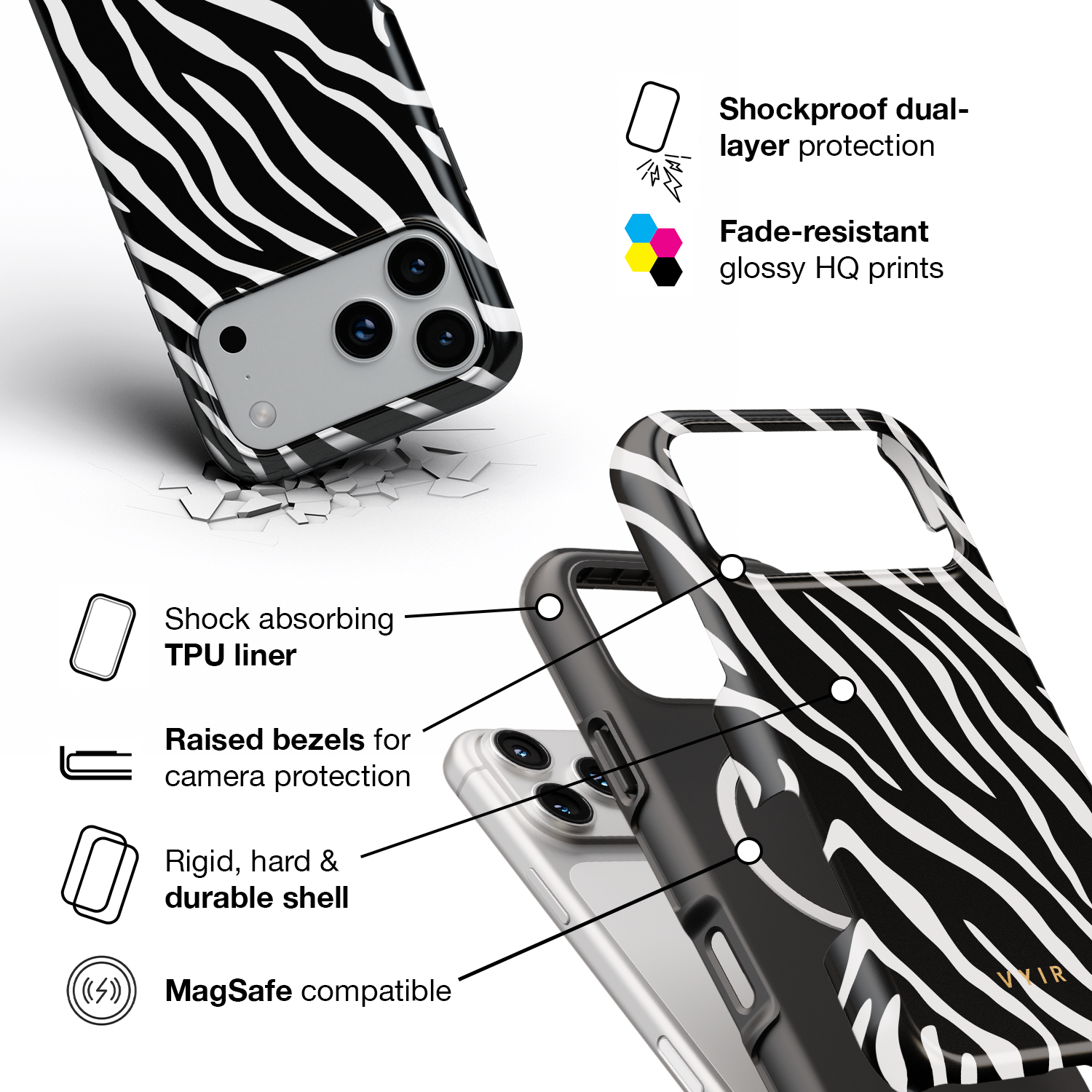 Zebra Luxe, Black and White - Shockproof MagSafe iPhone Case - VYIR