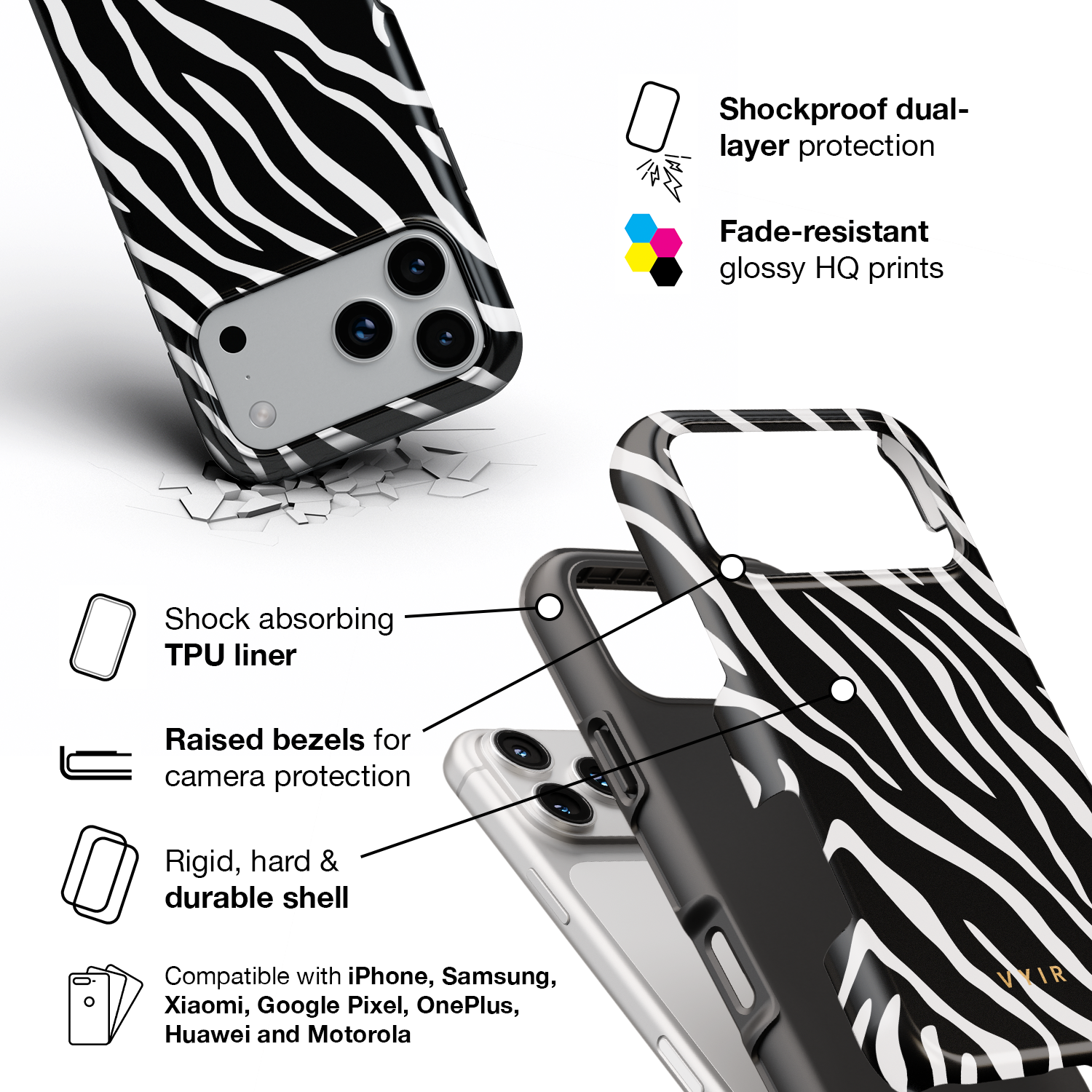 Zebra Luxe, Black and White - Shockproof Phone Case - VYIR