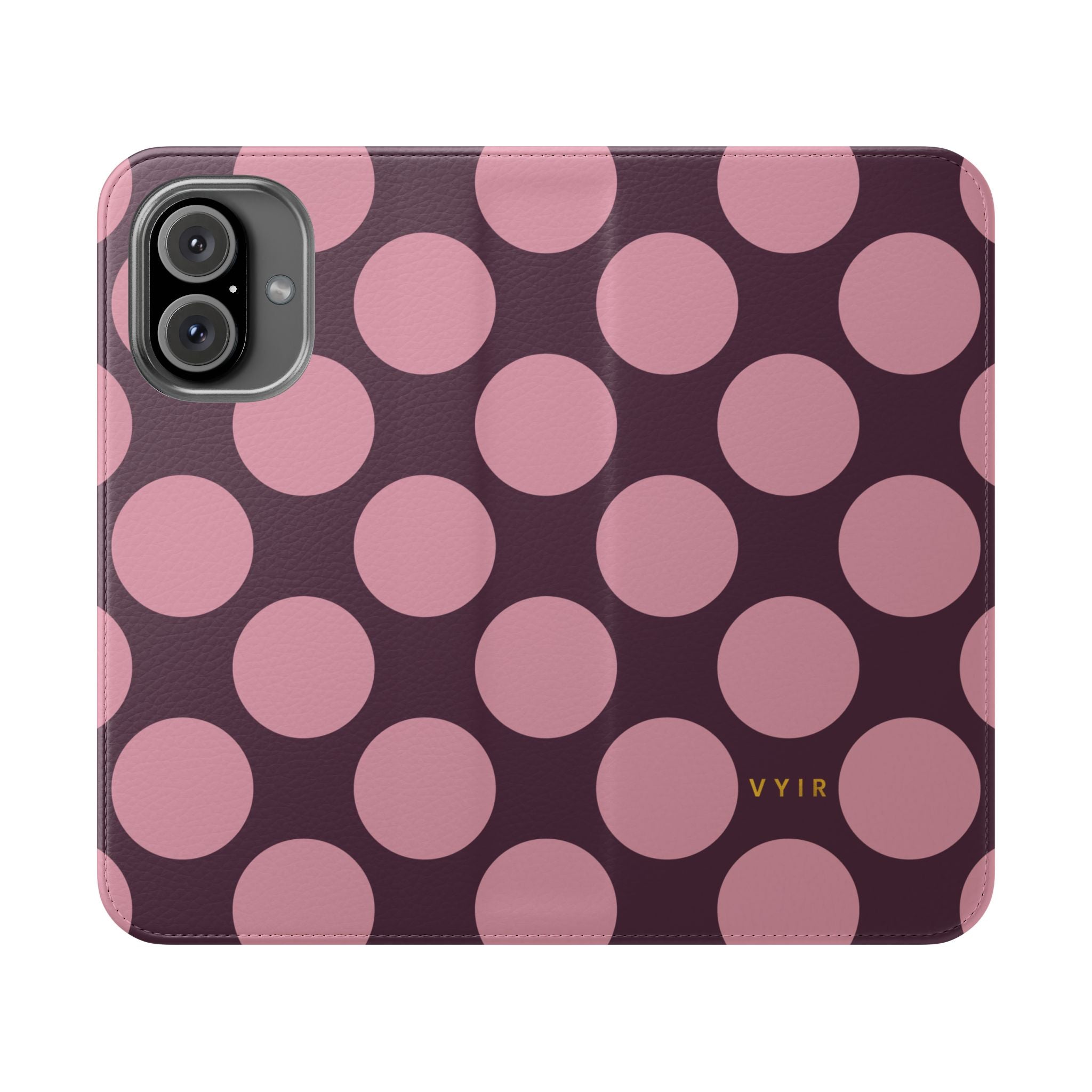 iPhone 16 Vegan Leather Wallet Case – Pink Plum Polka Dot Design - VYIR