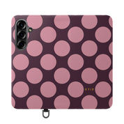 Samsung Galaxy S25 Vegan Leather Wallet Case – Pink Plum Polka Dot Design - VYIR
