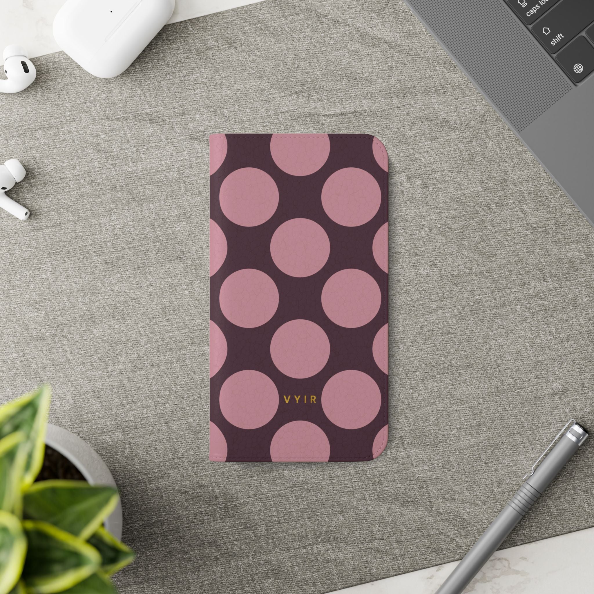 iPhone 12 Vegan Leather Wallet Case – Pink Plum Polka Dot Design - VYIR