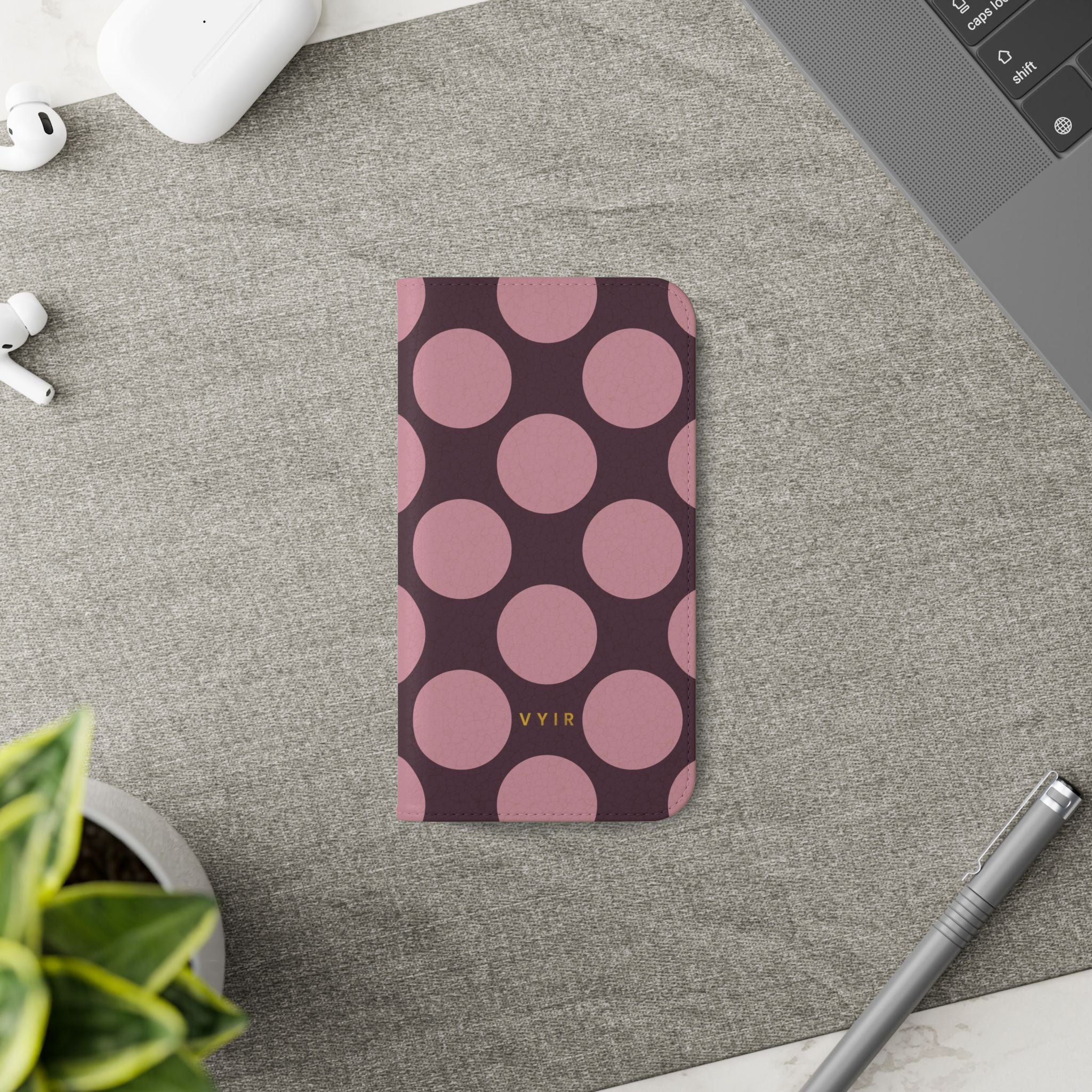 iPhone 12 Mini Vegan Leather Wallet Case – Pink Plum Polka Dot Design - VYIR