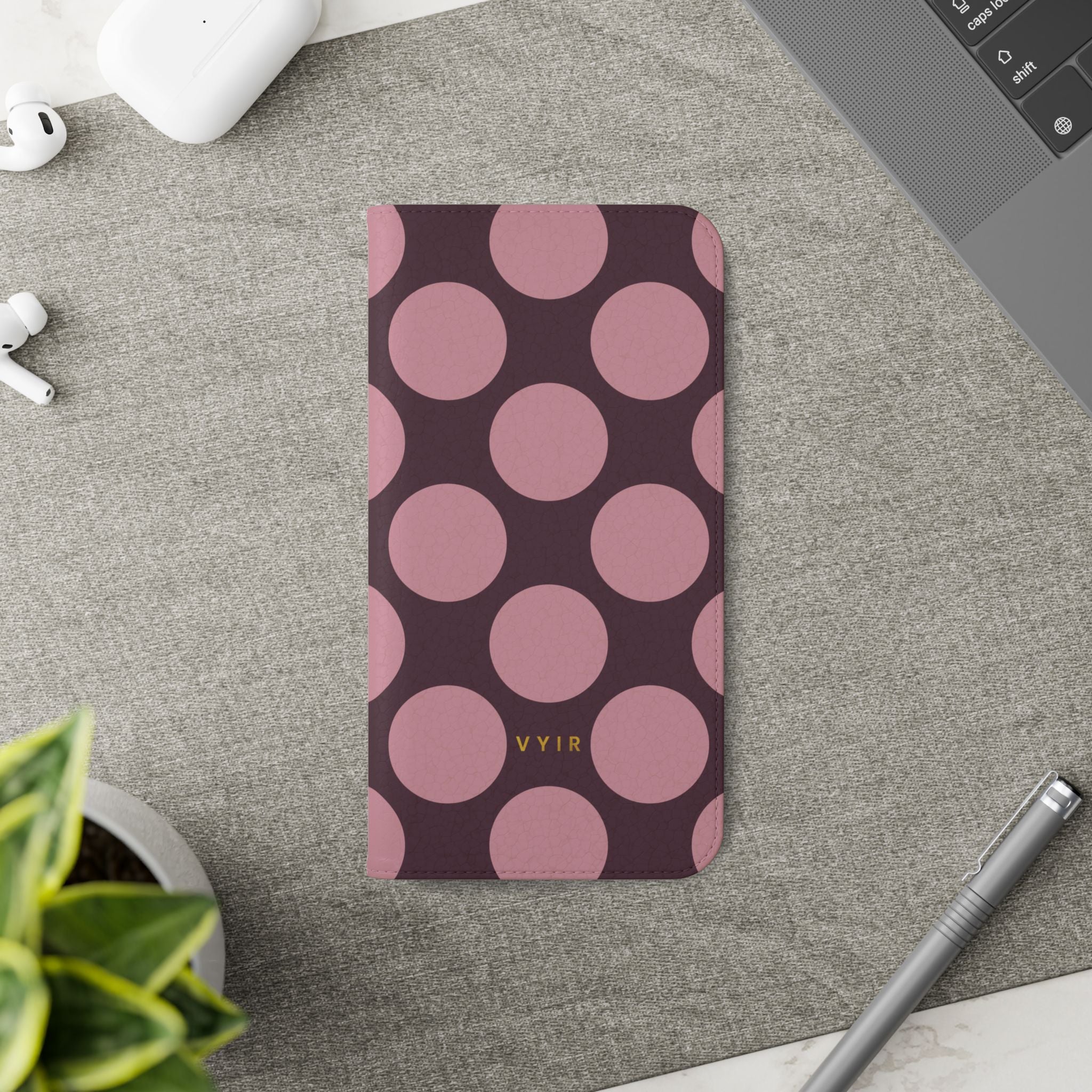 iPhone 13 Pro Max Vegan Leather Wallet Case – Pink Plum Polka Dot Design - VYIR
