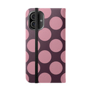 iPhone 16 Plus Vegan Leather Wallet Case – Pink Plum Polka Dot Design - VYIR