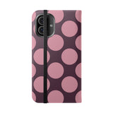 iPhone 16 Plus -vegaaninahkainen lompakkokuori – Pink Plum Polka Dot -kuosi
