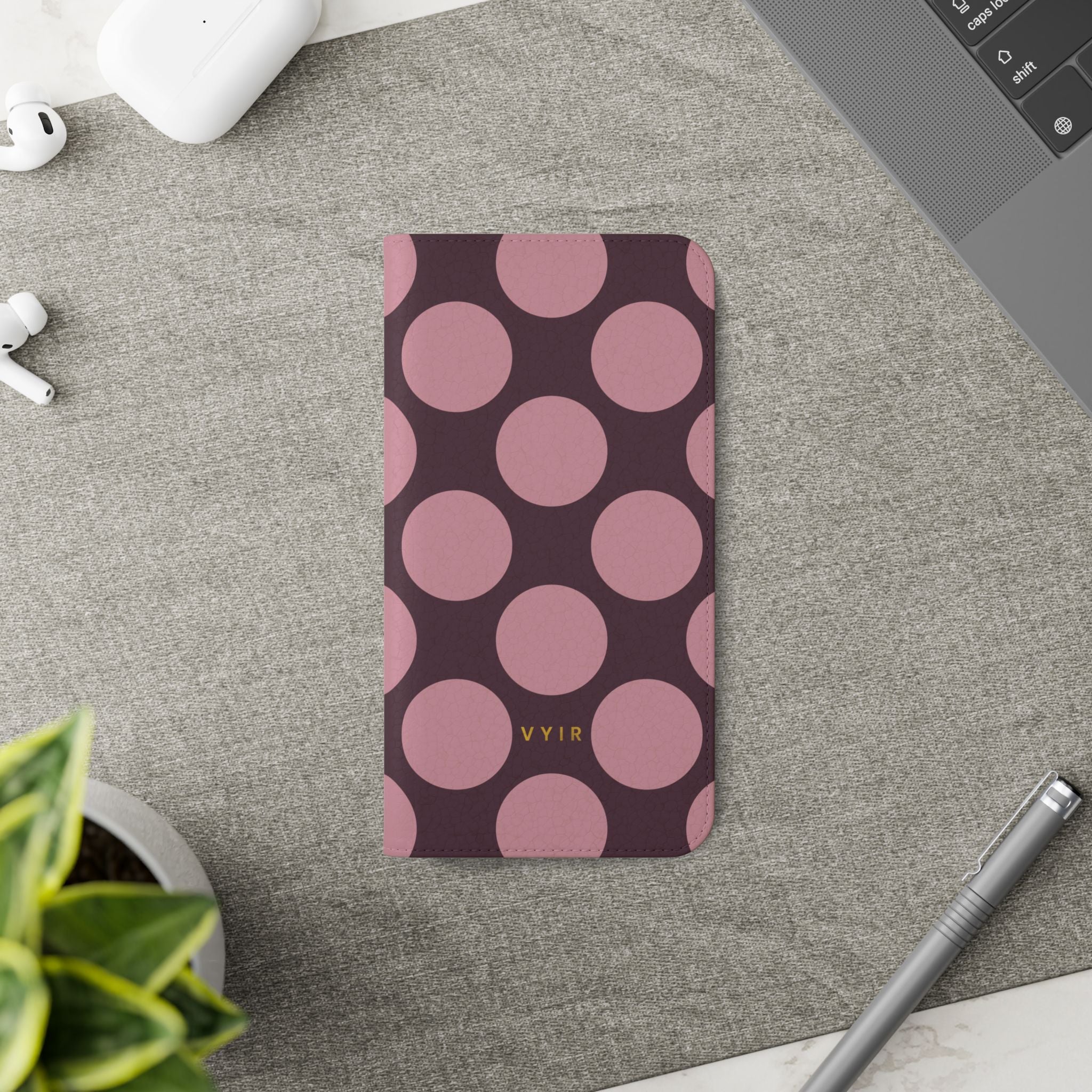 iPhone 13 Pro Vegan Leather Wallet Case – Pink Plum Polka Dot Design - VYIR