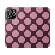 iPhone 16 Pro Max Vegan Leather Wallet Case – Pink Plum Polka Dot Design - VYIR
