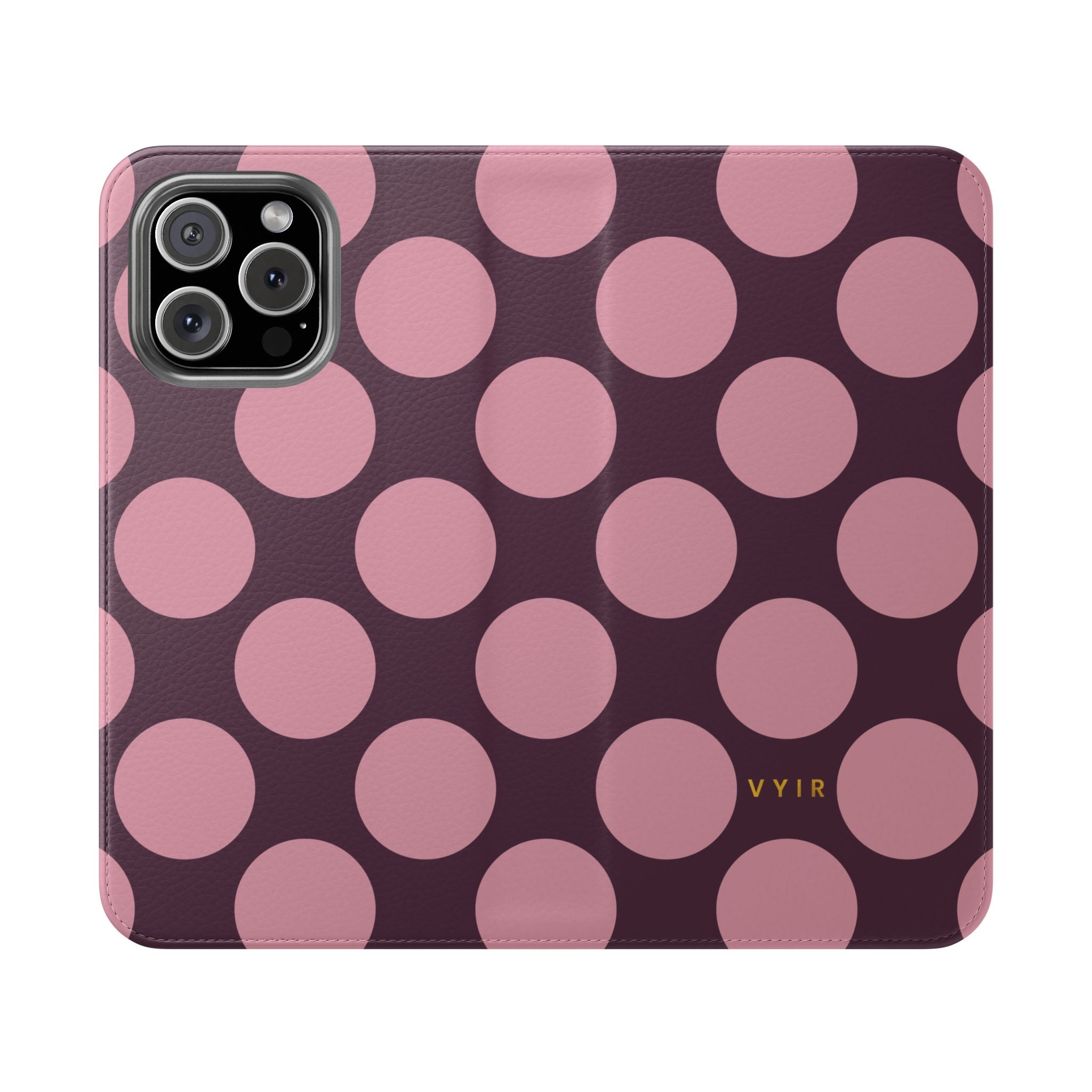 iPhone 16 Pro Max Vegan Leather Wallet Case – Pink Plum Polka Dot Design - VYIR