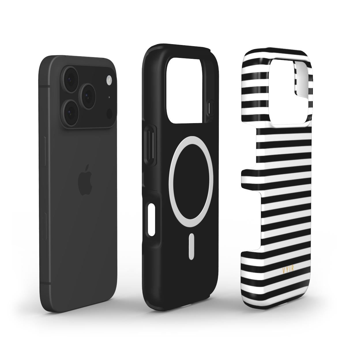 Horizontal Stripes, Pinstripe Black and White - Shockproof MagSafe iPhone Case - VYIR
