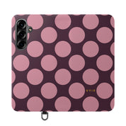 Samsung Galaxy S25 Plus Vegan Leather Wallet Case – Pink Plum Polka Dot Design - VYIR